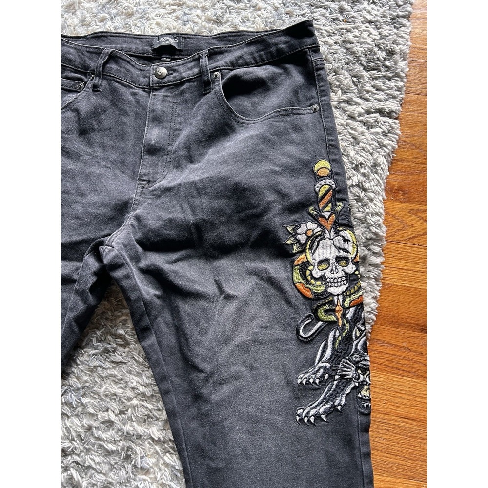 Ed Hardy Jeans Mens 38 Black Skull Snake Embroidered Y2K Tattoo Denim Street - Picture 5 of 11